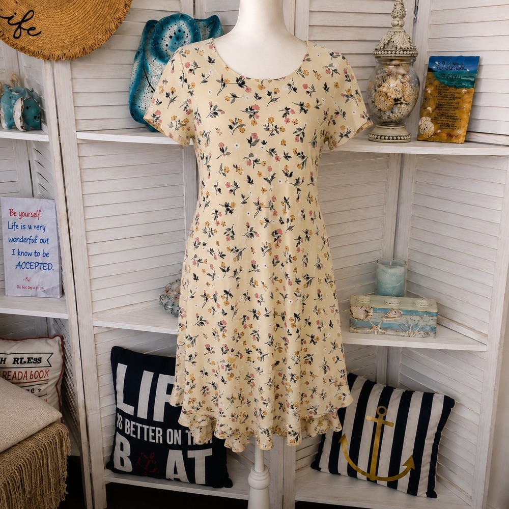 Vintage 1990's Hampton Dress Co Yellow Mini Dress Pink & Gold Flowers SZ 8